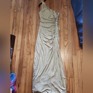 Betsy and Adam long gold dress